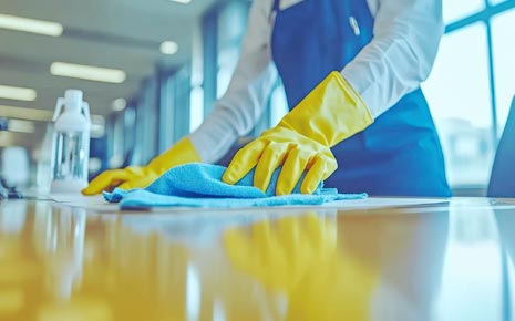 Close-up of a woman cleaning a conference table with yellow gloves and rag